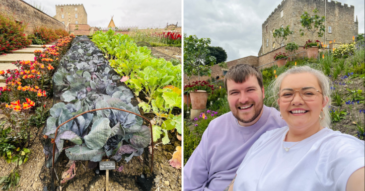 View of produce grown in the Walled Garden at The Auckland Project, and a man and woman taking a selfie. 